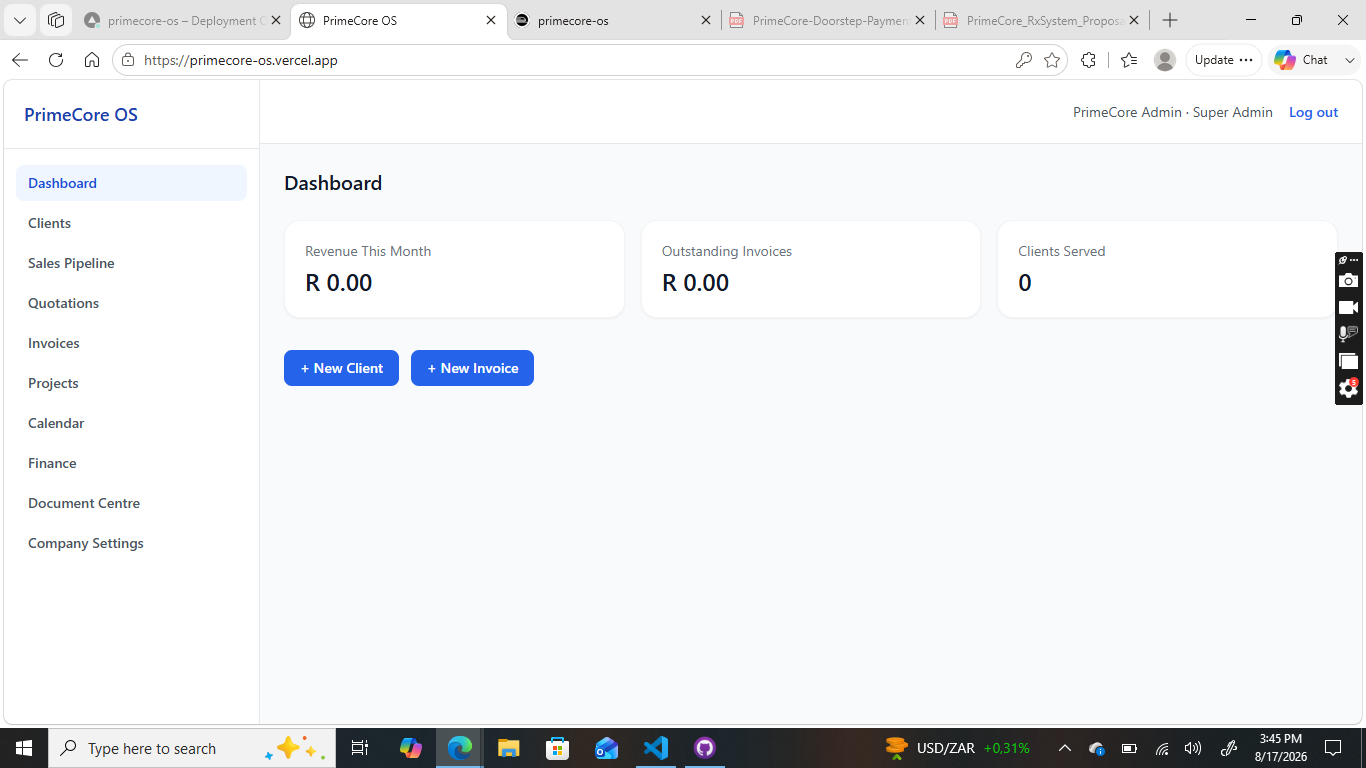 PrimeCore OS dashboard