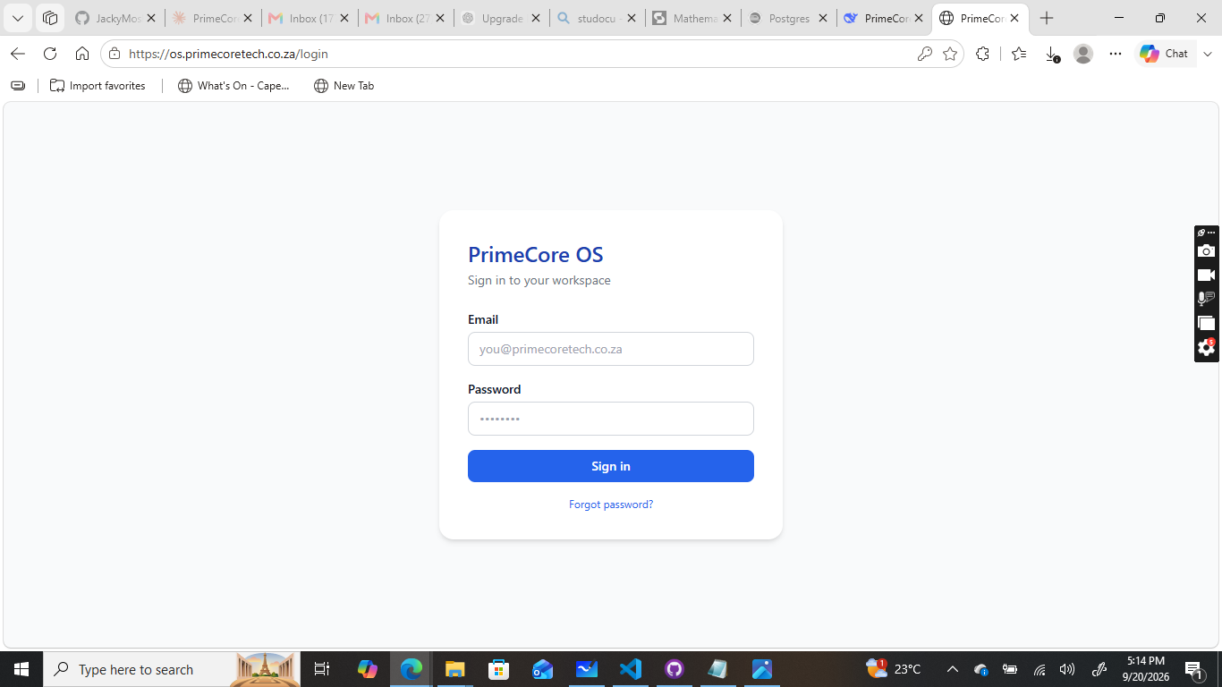 PrimeCore OS sign-in screen