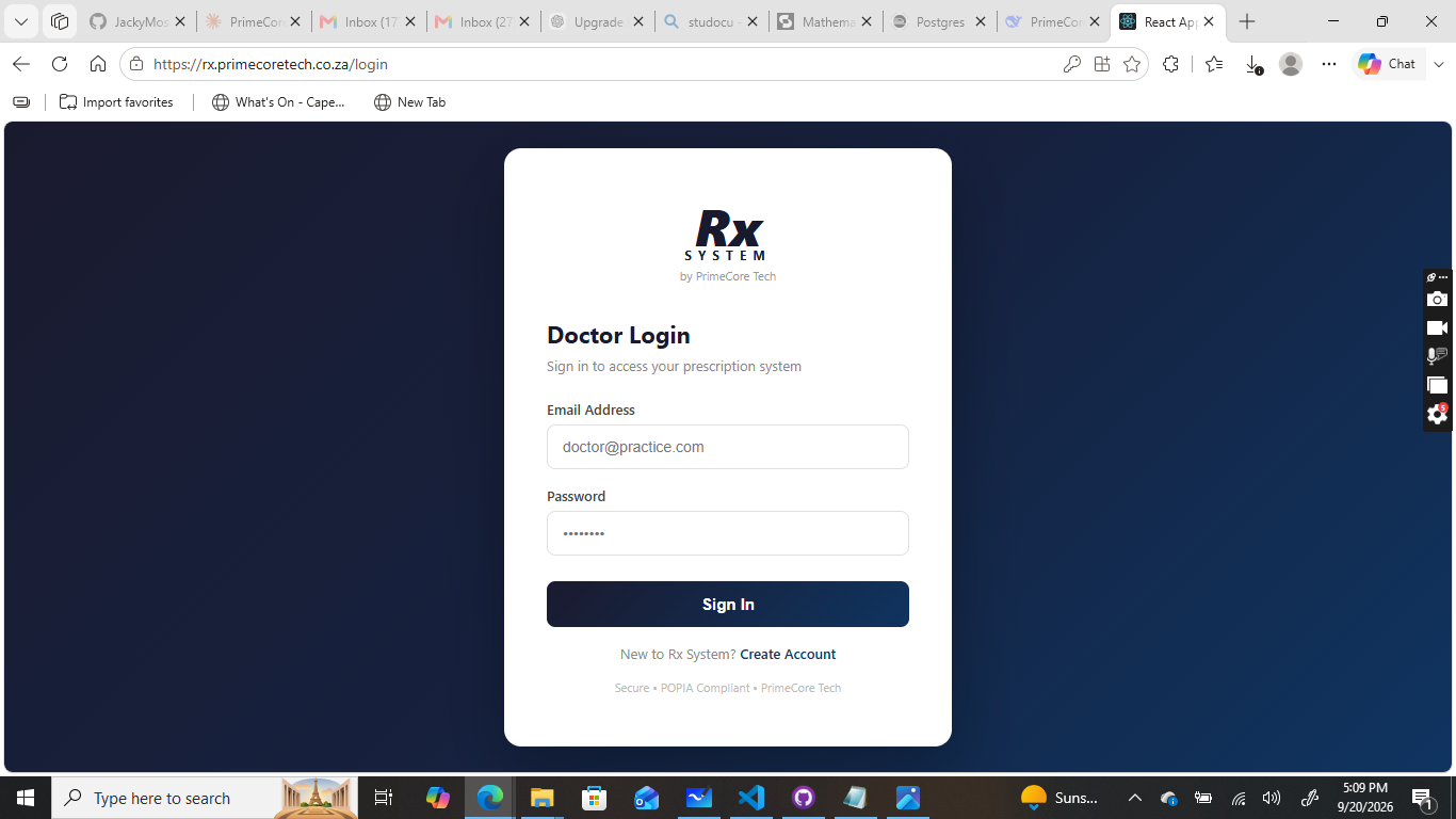 RX System doctor login screen with POPIA compliance indicator